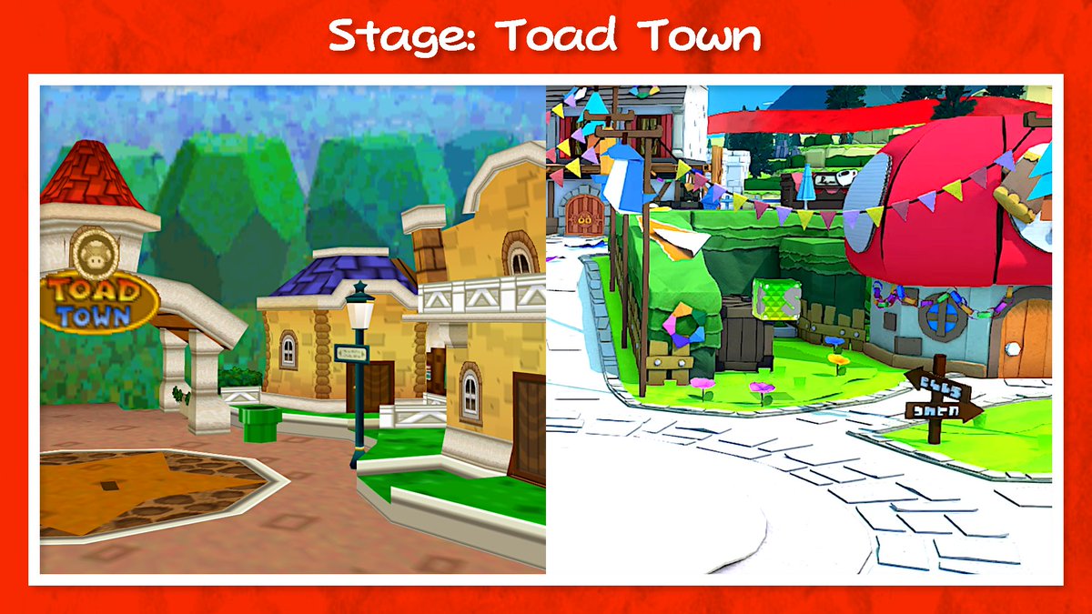 Speaking of Toad Town, that would be Paper Mario's home stage. I was tempted to go with the Battle Stage from TTYD, but Toad Town makes much more sense since it was the hub world of Paper Mario's first and most recent games. The design would take influence from both versions.