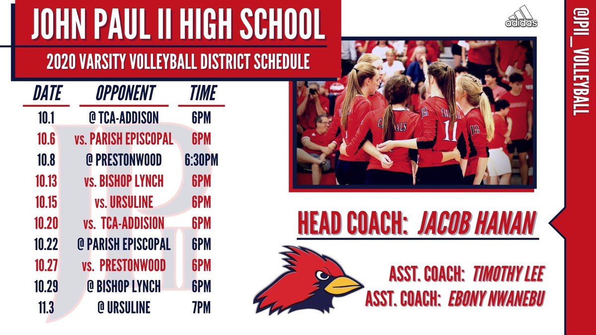 JPII_Volleyball's tweet image. JPII HS District Schedule!✅

Make sure you save the dates! Our Cardinals are ready to make moves this year! New year, new staff, new program!🔥

@JPIIHSPLANO @JPIIHSSports @Jacob_Hanan18 @coachchinolee @ebbs_nwanebu @JPIIHSAlumni @TAPPSbiz 

#LetUsPlay #PathToState #SeekToServe
