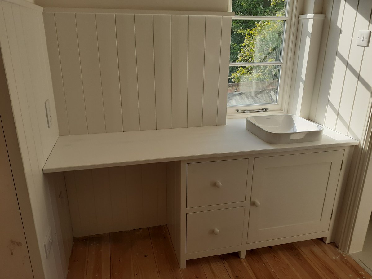 A bespoke bathroom cupboard and solid wood worksurface (yet to be painted and lacquered), for my customer in #BishopsLydeard, #Somerset. I even made the window behind the cupboard. 😊