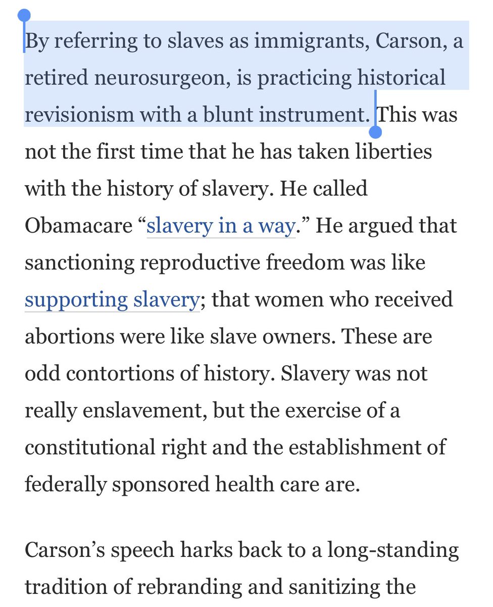 “By referring to slaves as immigrants, Carson, a retired neurosurgeon, is practicing historical revisionism with a blunt instrument.” @kerrywashington  @BarackObama