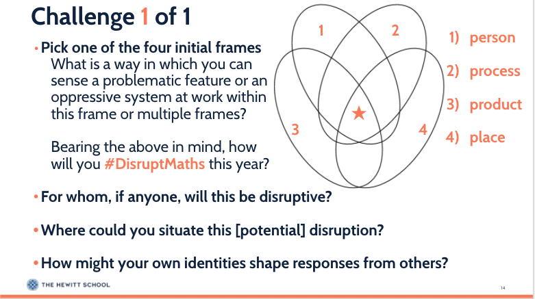 mtrushkowsky's tweet photo. Grateful to have seen @benjamindickman give this workshop a year ago. It was the final #tmcnyc19 workshop at the final #tmcnyc. It was one of the last things I did in NYC before moving to MN. I thought about his frame of 4 ways to disrupt math the whole drive & many times since. https://t.co/7uUaoeOzN0