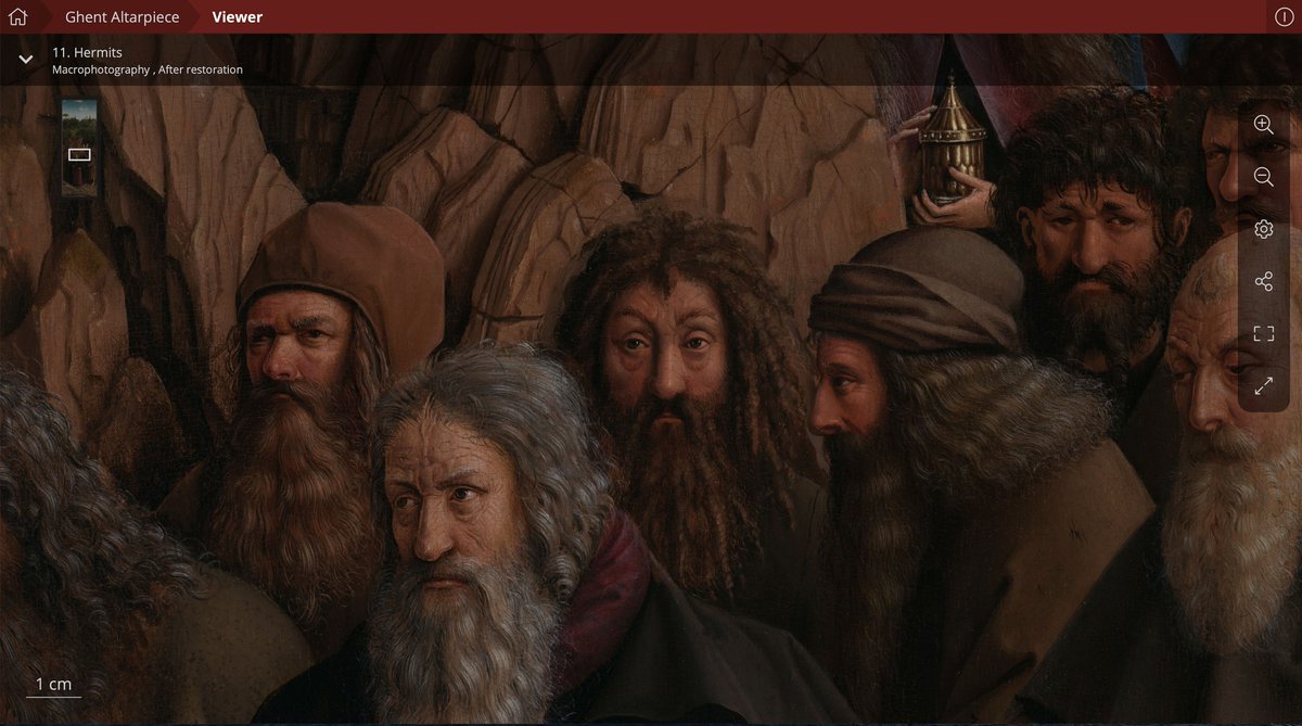 Notice the way light plays on the metal, the texture of the hairs, the detail on the armor. Artists Hubert and Jan van Eyck paid close attention to even the smallest details of the painting.