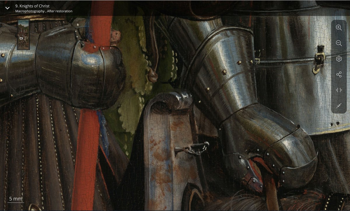Notice the way light plays on the metal, the texture of the hairs, the detail on the armor. Artists Hubert and Jan van Eyck paid close attention to even the smallest details of the painting.