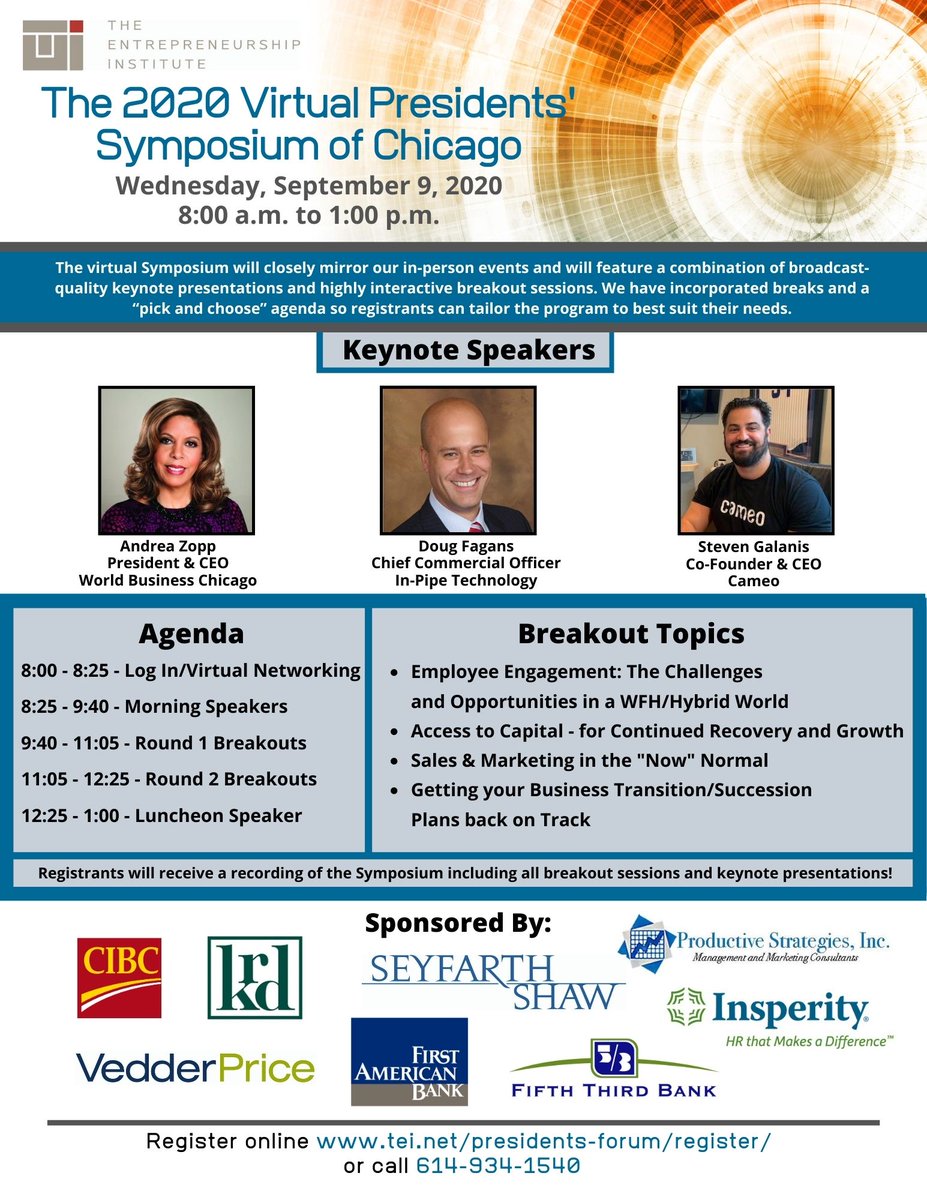 TEIForum's tweet photo. The Virtual Presidents' Symposium of Chicago is coming on 9/9/20! Leaders from @BookCameo, @WorldBizChicago, and In-Pipe Technology on the agenda. https://t.co/RPo6ilA5D1 https://t.co/AMeybmjHfr