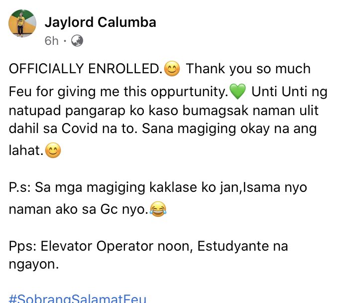 Congratulations, Kuya Jaylord Calumba!! and I quote: “Elevator Operator noon, Estudyante na ngayon.” “To everyone with a dream, know that your dreams are valid and on your path, you are never denied, and only redirected.' - Catriona Gray