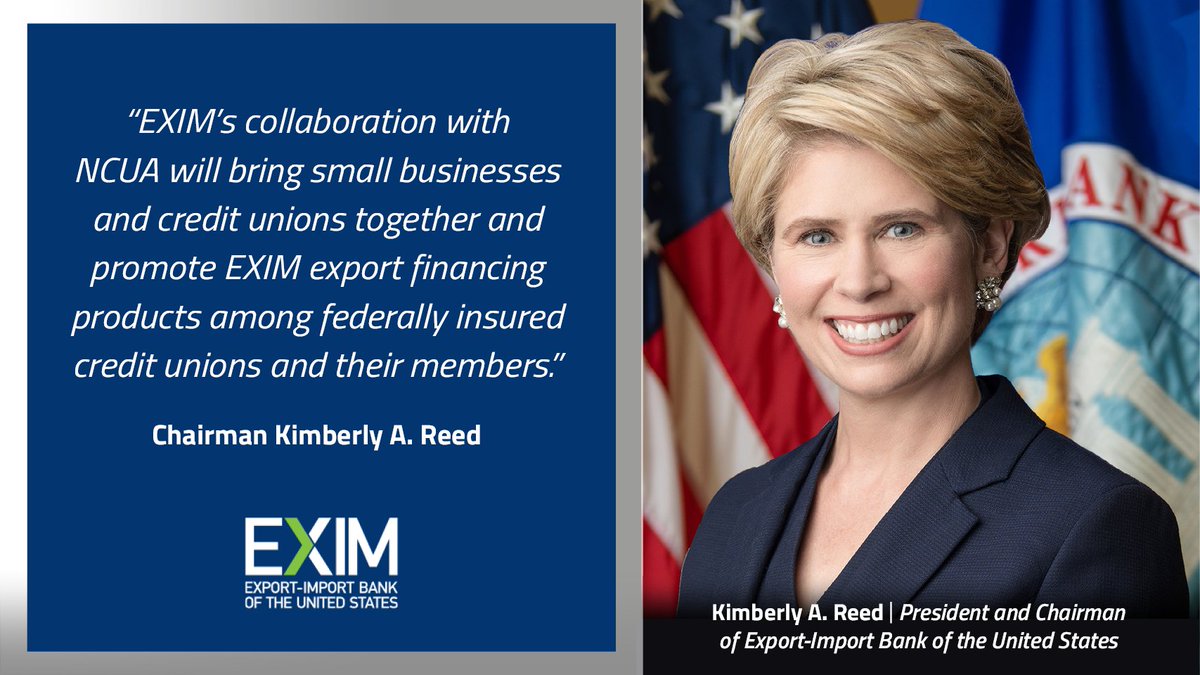 EximBankUS's tweet photo. #EXIM Chairman Reed highlighted how #CreditUnionMembers can use EXIM’s financing tools and resources to increase international sales, showcase #MadeInTheUSA products, and support #USjobs during her remarks to +160 @TheNCUA registrants. #CreditUnions https://t.co/eZh80W2xAh https://t.co/554u6eMLsB