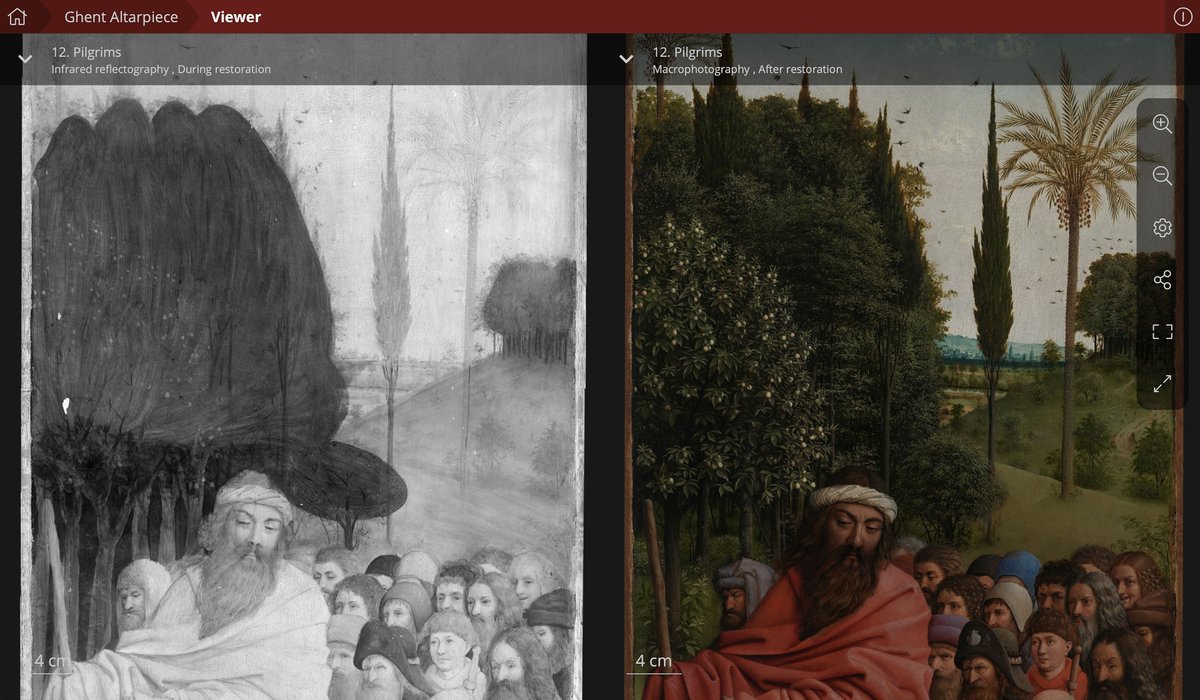 Peek under the paint surface to see underdrawings—the first stages of the design of the compositions that reveal the artist's creative process.The "Closer to van Eyck" website lets you toggle between infrared reflectography images, x-rays, and more. http://closertovaneyck.kikirpa.be/&nbsp;