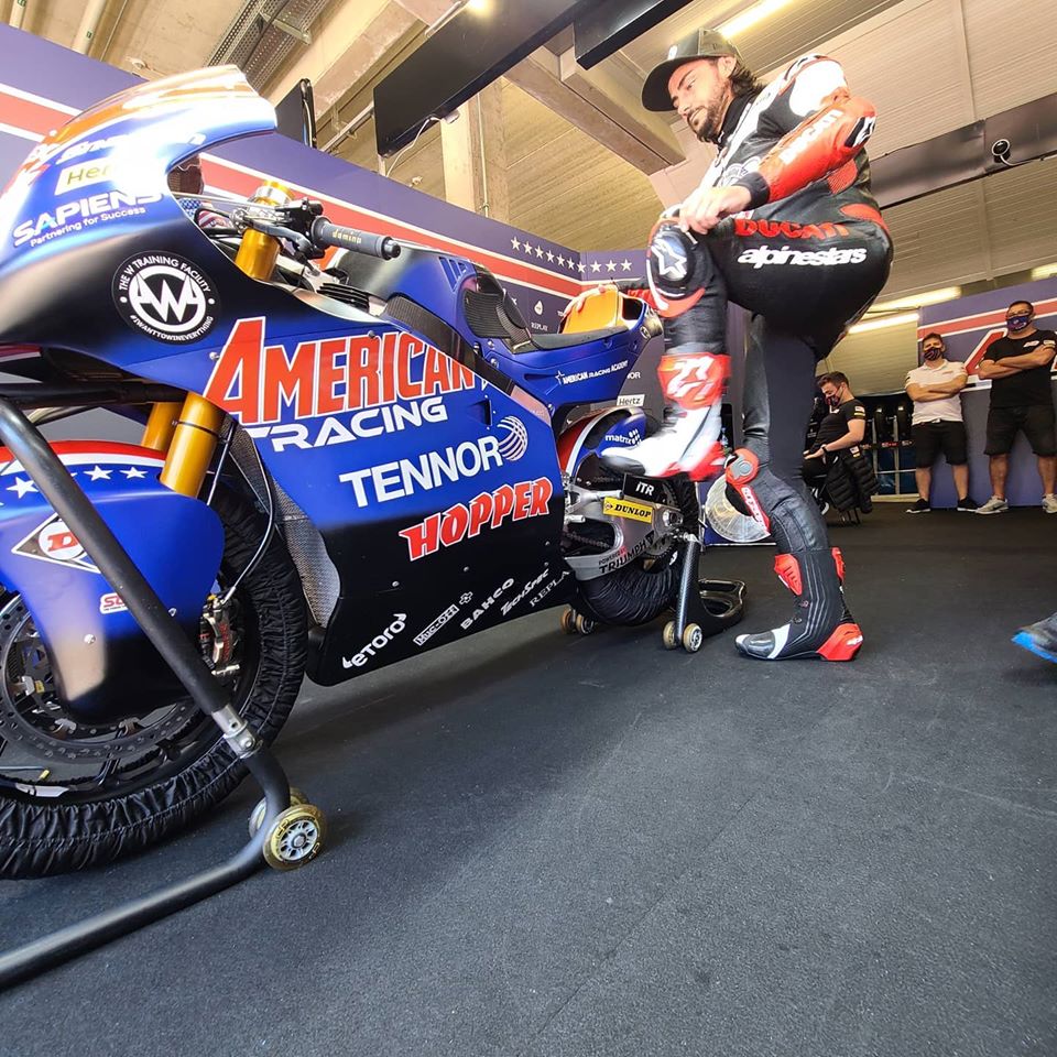 AmericanMoto2's tweet photo. This is such a cool image; Hopper getting back on a race bike. It's so cool we thought others might like to see it too! #AmericanRacingTeam #MotoGP #Moto2 https://t.co/svQMRpuEdk