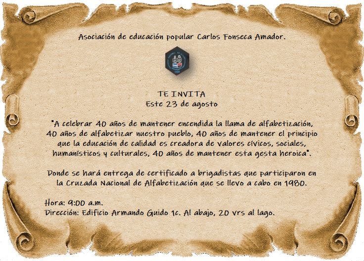 AEPCFA's tweet photo. Invitacion a publico general y a brigadistas que se inscribieron en el acta, para entrega de certificados que le otorga como alfabetizador en aquellos tiempos.

#40aniversariocna #aepcfa #Nicaragua https://t.co/ej2ov6SN5V