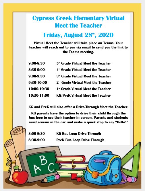 CCE Virtual Meet the Teacher will be on <a href="/MicrosoftTeams/">Microsoft Teams</a>! 💙💻👩‍🏫 <a href="/cypresscreekvcs/">Cypress Creek</a> <a href="/cypresscreekpta/"></a> <a href="/bronson_adrian/">Adrian Bronson</a> <a href="/susanhemings/">susan hemings</a> <a href="/oreoswithflorio/">Lisa Florio</a> <a href="/MrsMoultonTEACH/">Academic Coach’s T.E.A.M Dugout</a>