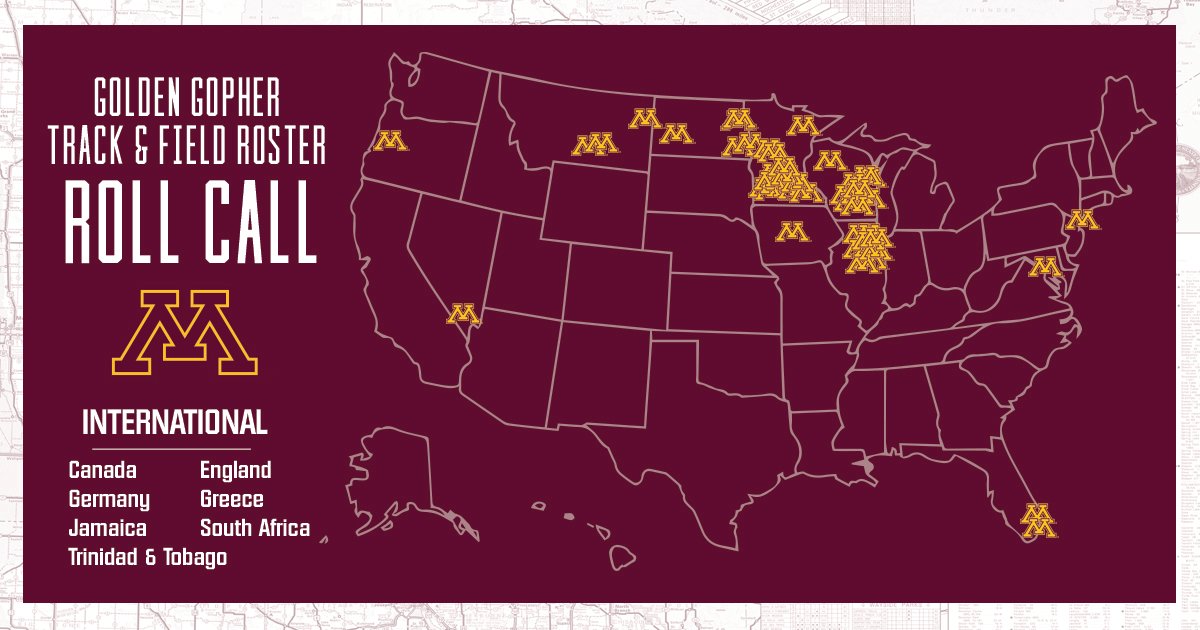 The 2020-21 #Gophers track & field/cross country squad represents 11 states and, even more impressively, 8 different countries. 〽️🙌 🌎 United States 🌎 Canada 🌎 England 🌎 Germany 🌎 Greece 🌎 Jamaica 🌎 South Africa 🌎 Trinidad & Tobago