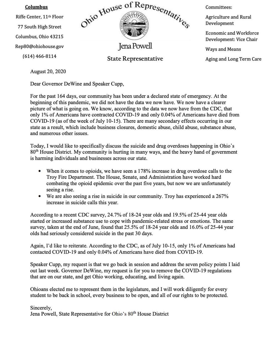 VoteJenaPowell's tweet image. "Speaker Bob Cupp, my request is that we go back in session and address the seven policy points I laid out. Governor DeWine, my request is for you to remove the COVID-19 regulations
that are on our state, and get Ohio working, educating, and living again."