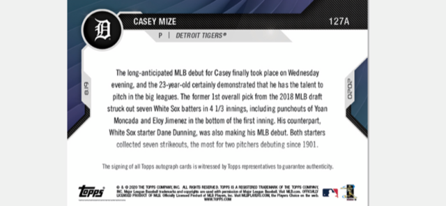 DugoutMel's tweet photo. For sale $125 Shipped &amp; Tracking
Pre-Sale
2020 Topps Now Casey Mize Auto # to 99
Card #127A
ebayer user: mel030783  100% feedback
Ships in 16 to 20 weeks.
Payment through paypal.  PM me details https://t.co/cXjE1ZrIQv