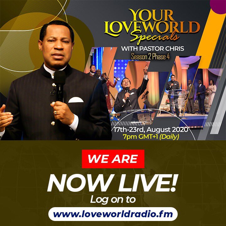 LoveworldRadio's tweet photo. *We Are Live!!!*
Your LoveWorld Season 2, Phase 4 Day 4 Is Live On LoveWorld Radio

Click on https://t.co/x8wxr8Sbty to listen

Or download our app 
https://t.co/Z5XClS7gRl 
 (use reference code: LWR)

#YourLoveWorld #LWR  #loveworld #pastorchris https://t.co/kzFcaaV5FH