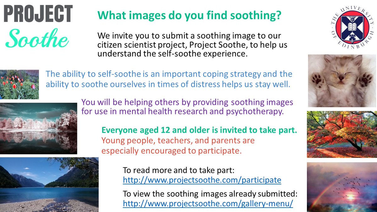 Emotional Vulnerability in Adolescents (EVA) (@eva_edinburgh) on Twitter photo What images do you find soothing? We invite you to submit a soothing image to our #CitizenScience project, <a href="/ProjectSoothe/">Project Soothe</a>. Everyone 12 and older is invited to participate. We are especially interested in #youngpeople, #teachers & #parents taking part. projectsoothe.com/participate What images do you find soothing? We invite you to submit a soothing image to our #CitizenScience project, <a href="/ProjectSoothe/">Project Soothe</a>. Everyone 12 and older is invited to participate. We are especially interested in #youngpeople, #teachers & #parents taking part. projectsoothe.com/participate