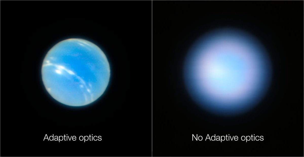 9/ This is an example of the dramatic impact that adaptive optics has on the final image quality. Here you can see Neptune observed with the MUSE instrument at the VLT, with and without adaptive optics. Cool, huh? ESO/P. Weilbacher (AIP)