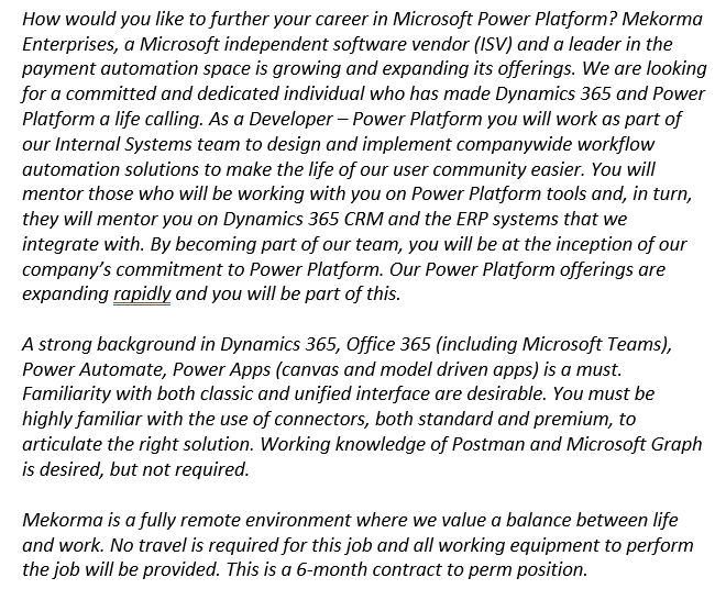 dgpblogster's tweet photo. Are you a #PowerPlatform maven? How would you like to come to work for @Mekorma_GP? https://t.co/c9otqxxCqo

#PowerApps #PowerAutomate #PowerBI #PowerVirtualAgents #LessCodeMorePower #Automation #jobopening #jobopportunity #DMme @donasarkar @JonJLevesque  @rc_says #KnowSomeone? https://t.co/UbvLbsqbzi