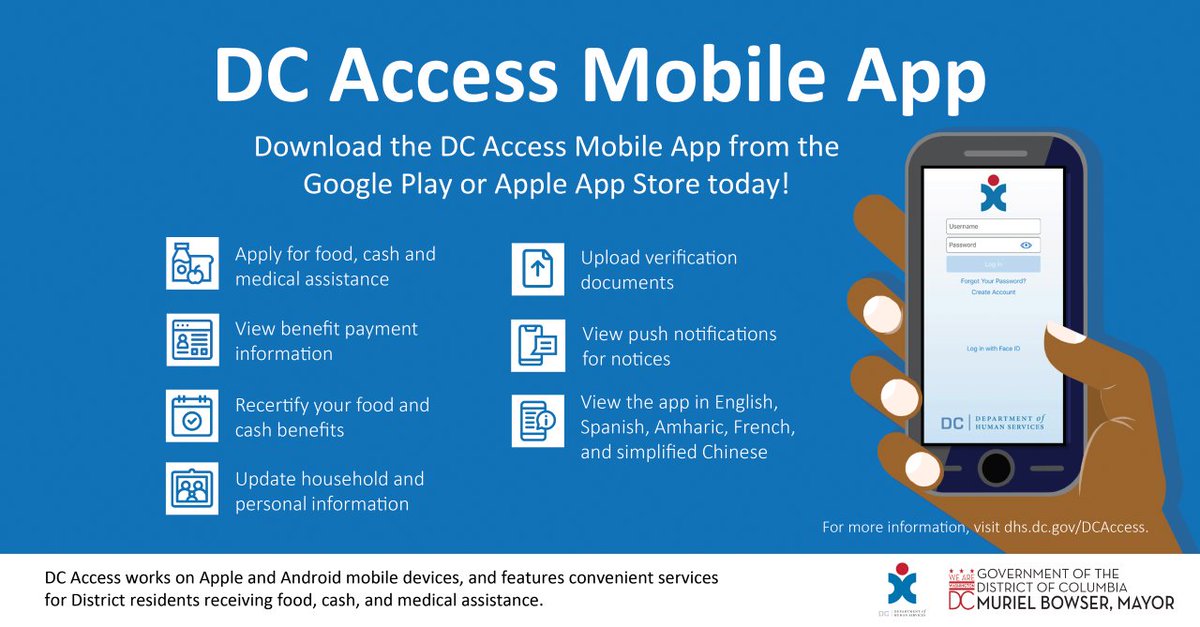 DCHumanServ's tweet photo. Did you hear?!
You may apply and re-certify for food, cash, or medical benefits from the convenience of your mobile device!
Download the new DC Access mobile app in the Google or Apple app stores. Available now!
Visit https://t.co/HO7dOcfF8I for more information. https://t.co/tXjZUcbyUg