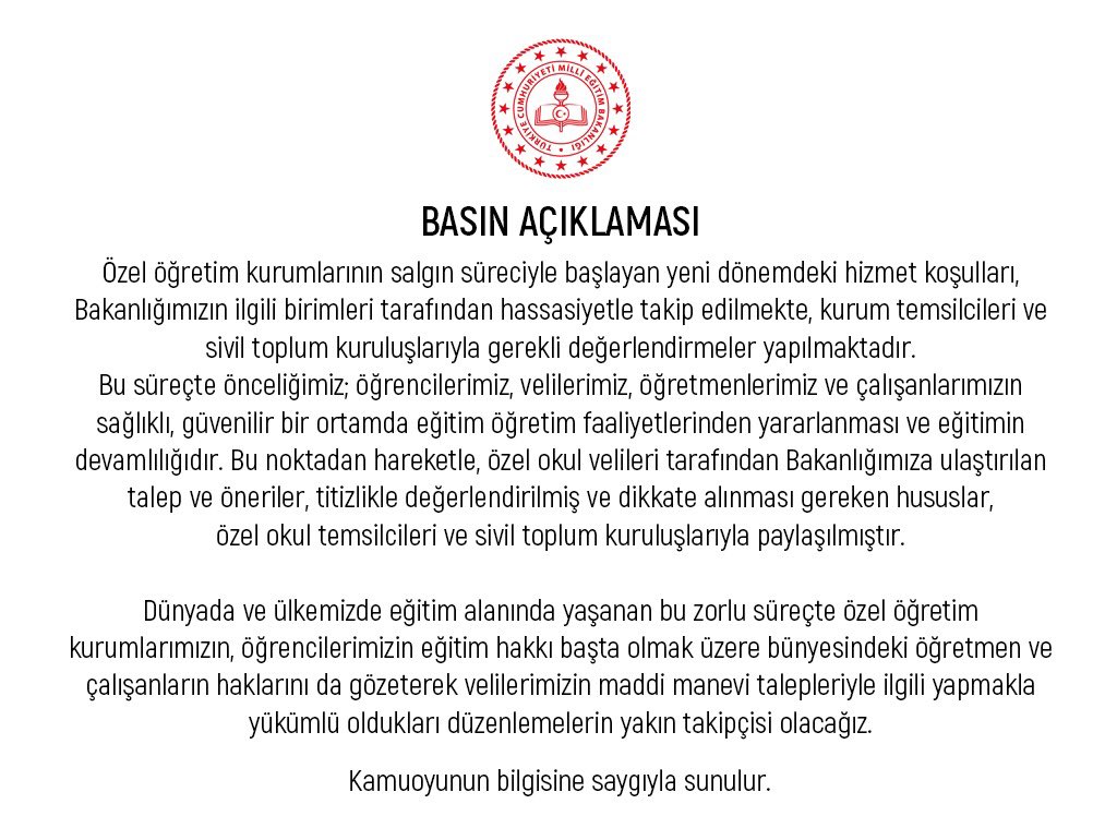 Özel öğretim kurumlarımızın, öğrencilerimizin eğitim hakkı başta olmak üzere bünyesindeki öğretmen ve çalışanların haklarını da gözeterek velilerimizin maddi manevi talepleriyle ilgili yapmakla yükümlü oldukları düzenlemelerin yakın takipçisi olacağız.

#okullarıgüvenleaçacağız