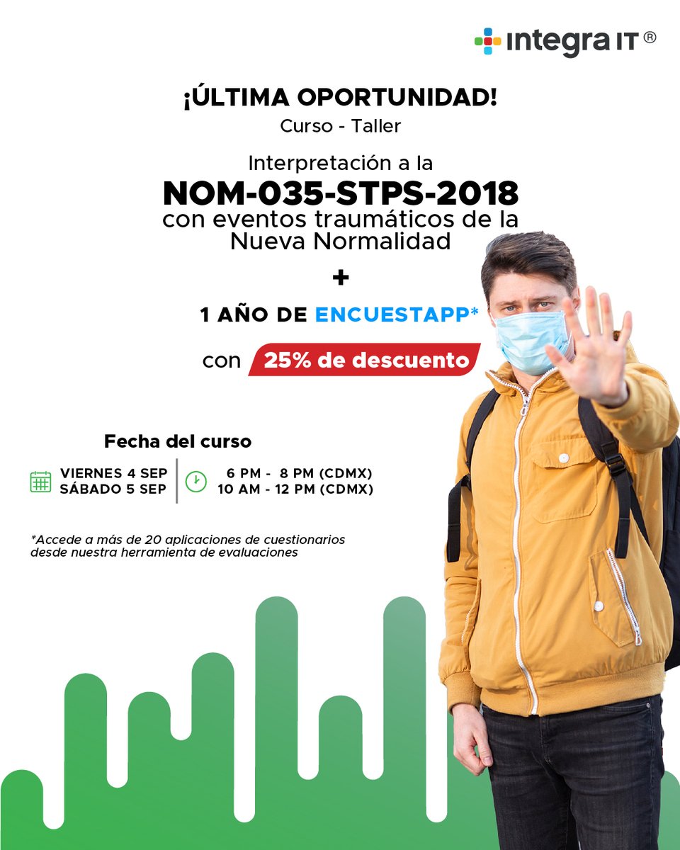 Integra_IT's tweet photo. 🔴 ¡Estás a tiempo de prepararte para aplicar en #NOM035, sus fases 1 y 2 de revisión se acercan!

Únete a nuestro #CursoOnline y obtén 25% ingresando el código: NOM0352020 al realizar tu pago.

Regístrate HOY: https://t.co/2Ut1BUIDD5 https://t.co/SvrOws2g7c