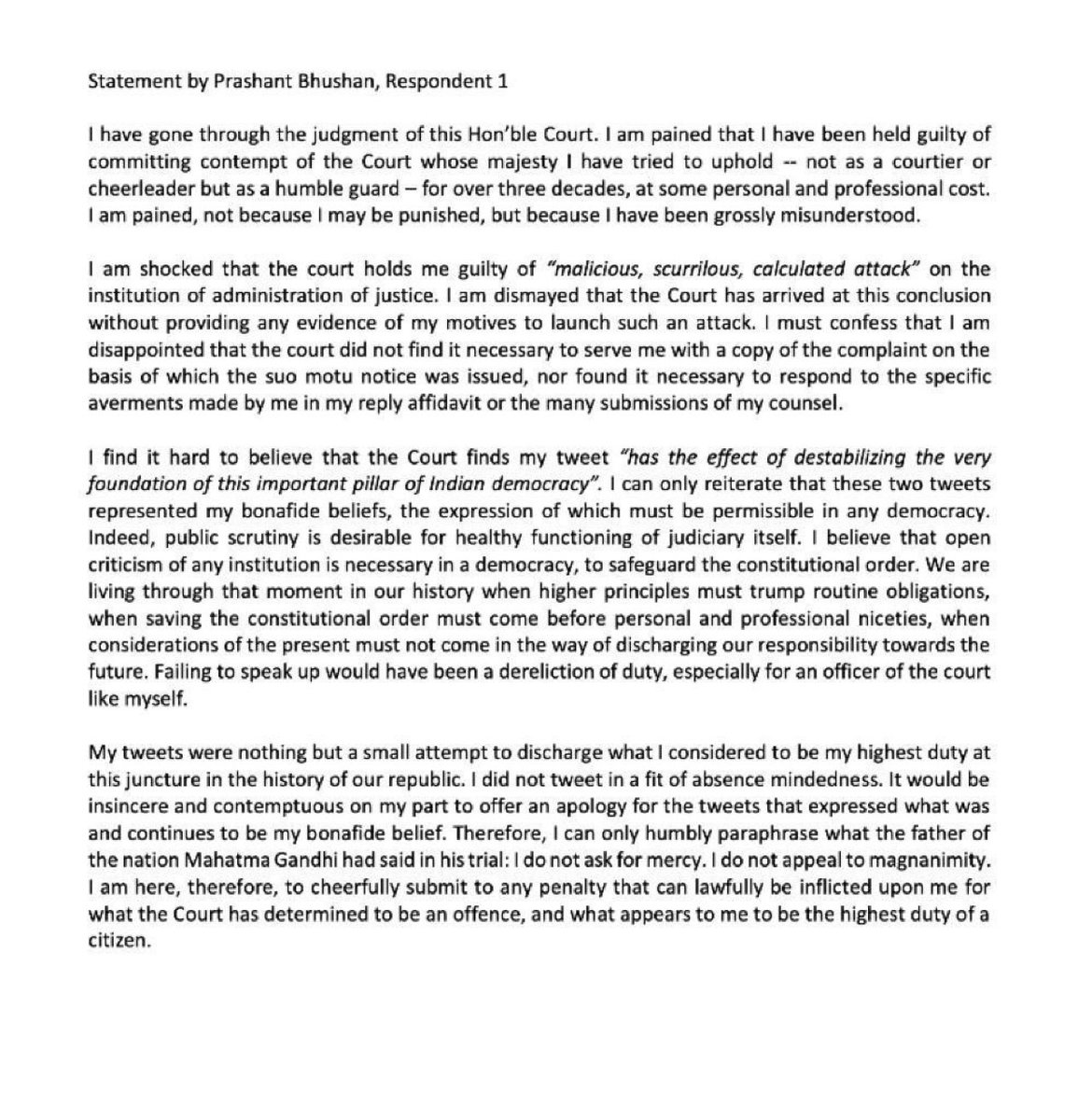 a_siab's tweet photo. The statement submitted in the Indian Supreme Court by Prashant Bushan,a lawyer in response to a contempt notice is worth reading. It’s working according to the letter and spirit of constitution, law &amp; rules that provide sanctity to the court, not just throwing around its weight. https://t.co/Ldqc1F9H9P