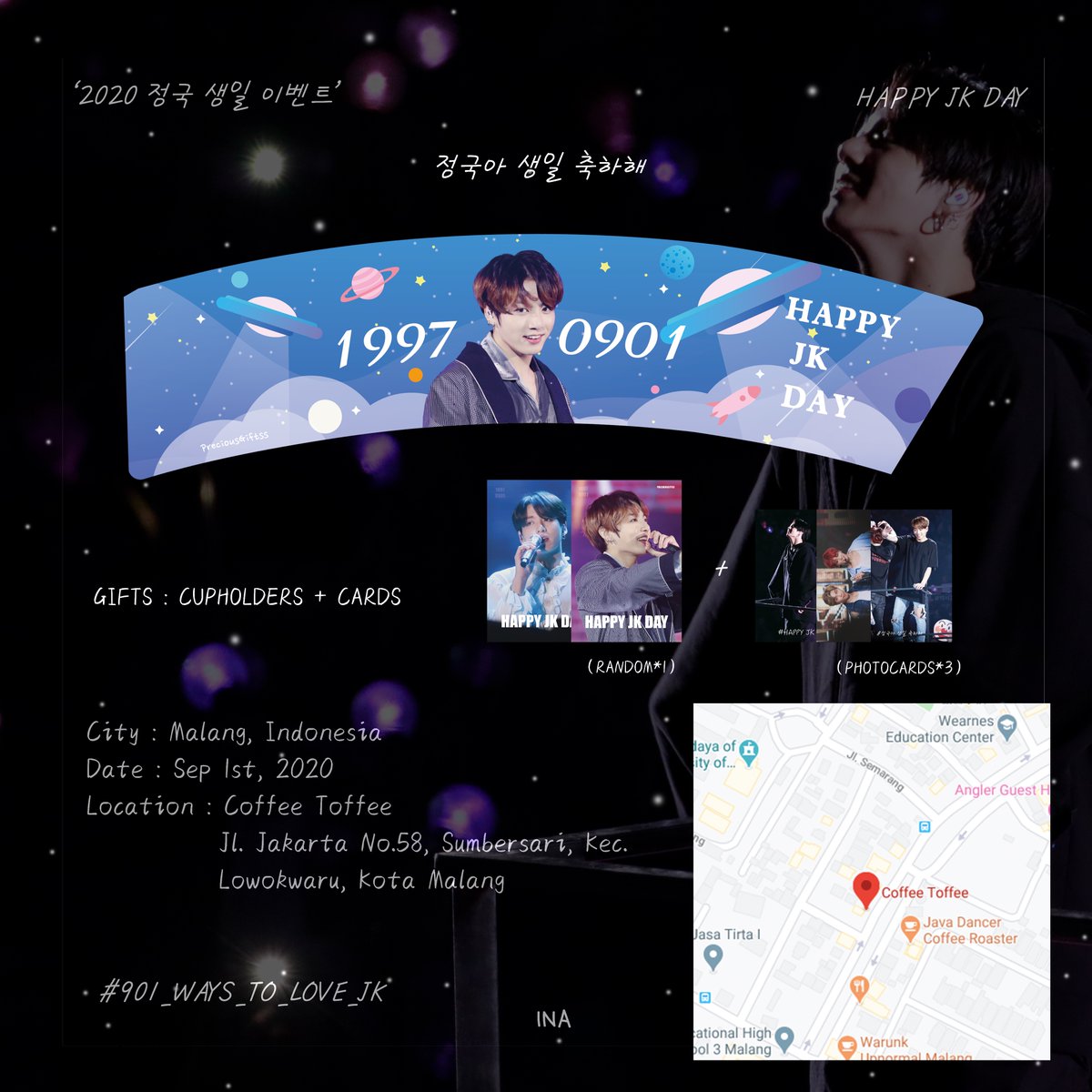 PreciousGiftss's tweet photo. ' 2020 JK BIRTHDAY SUPPORT ‘
.
Part 1 - CAFE EVENTS -
.
🤍LOCATION : INA
.
🤍🍒@CelebesArmy @galaxiainte7 
.
#901_WAYS_TO_LOVE_JK #정국 #HAPPYJKDAY https://t.co/GZXtQqqdHY