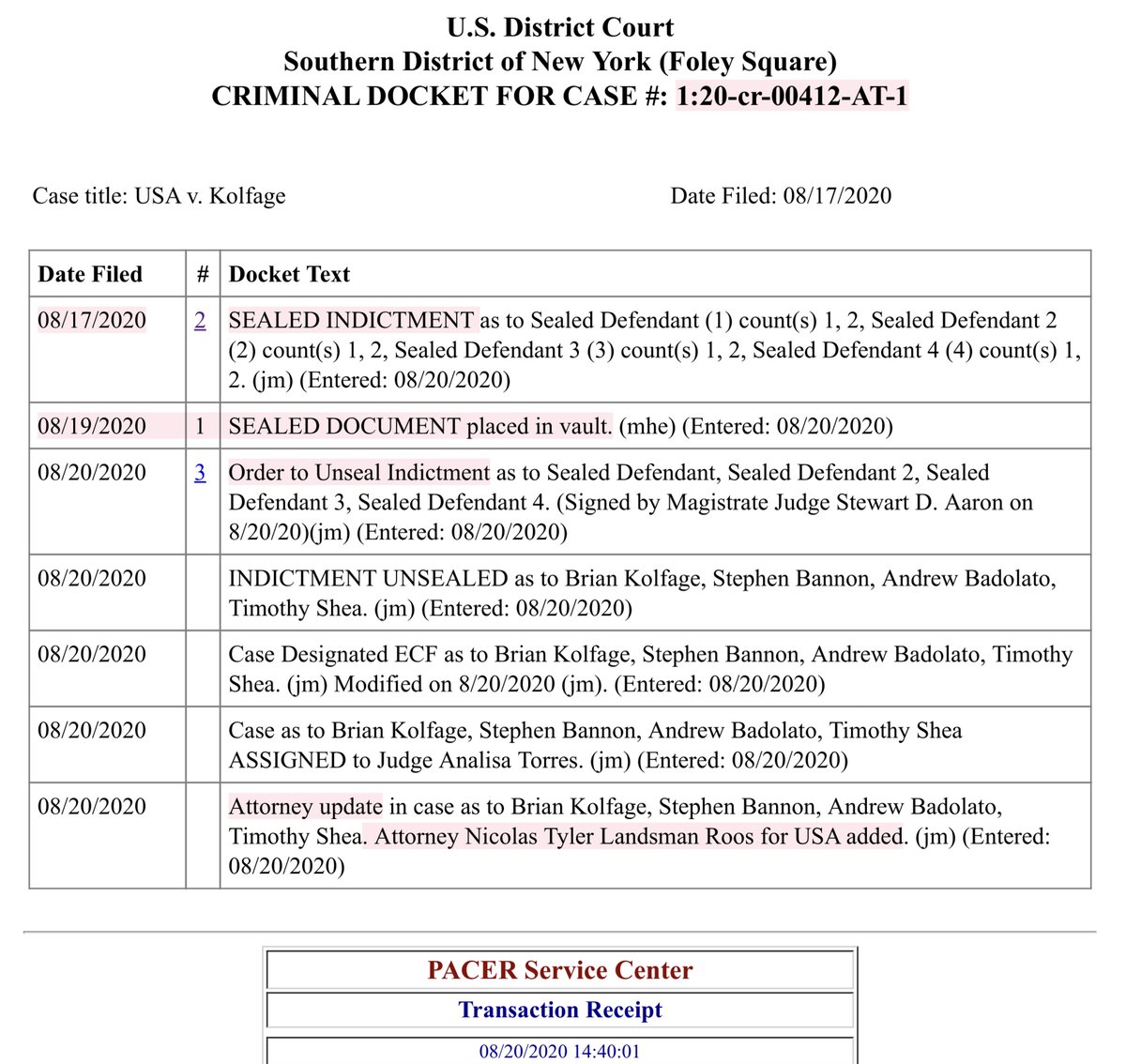 quick tick-tock8/17/2020 Indictment handed down (under seal)8/19/2020 Sealed doc “placed in vault”8/20/2020 Govt filed a motion to unseal (presumably after defendants were in custody)Bannon arrested off the Coast of CTKolfage (likely) arrested in TX.. https://ecf.nysd.uscourts.gov/doc1/127127440985