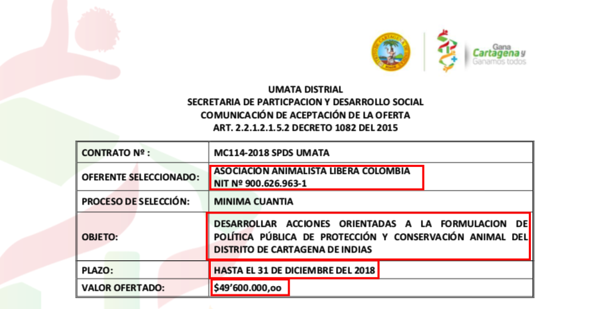 Contrato aprobado para política pública de protección animal en Cartagena, Colombia, en 2018.