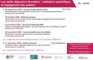Participez aux petits déjeuners de formation à la communication et à la médiation scientifique ! 

Plusieurs sessions sont planifiées,la première aura lieu le 25 septembre sur le thème "La communication grand public".
Inscription avant le 7 septembre!

sirteq.org/event/les-peti…