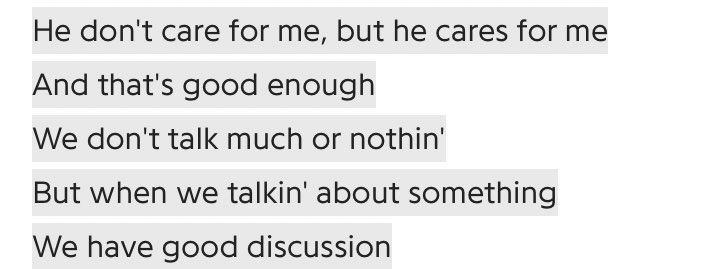 Frank shifts into the female’s perspective and explains that she’s fine with not having an emotional attatchment to her boyfriend, because he takes care of her.
