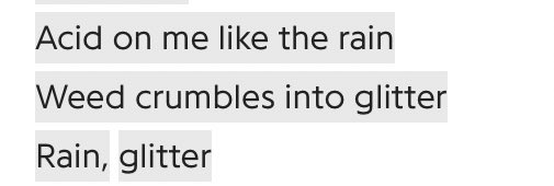 Here Frank references the dust that weed makes when it crumbles and calls it glitter.
