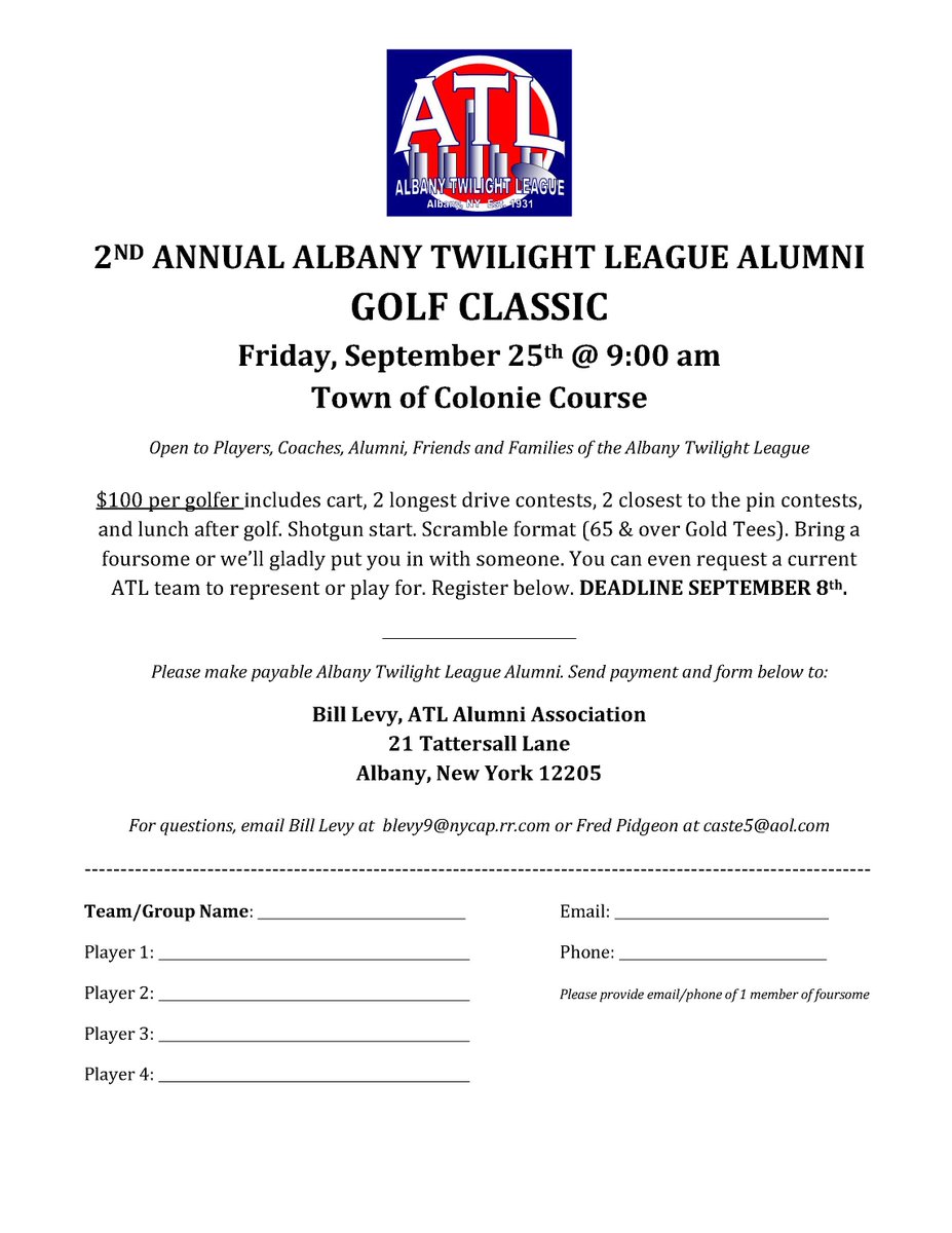 AlbanyTwilight's tweet photo. Please join us September 25th for our 2nd Annual Golf Tournament sponsored by the Twilight League Alumni Association. https://t.co/yZrS3ajD1d
