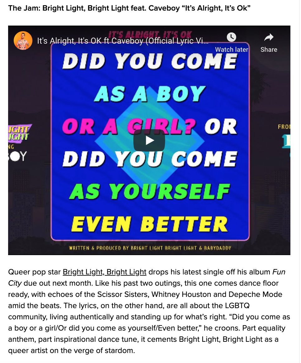 kellyridgway's tweet photo. "Part equality anthem, part inspirational dance tune, it cements Bright Light Bright Light as a queer artist on the verge of stardom." ⭐
Amazing #ItsAlrightItsOk @brightlightx2 x @caveboymusic writeup by @Queerty
https://t.co/MUSouYkb9C https://t.co/0r7eGnYBtL