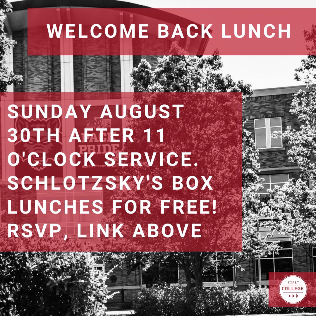 Firstcollege_'s tweet image. FREE Boxed lunch next Sunday, August 30th! 

Come hang out with us! Sunday school starts at 9:45AM and Sunday service is at 11AM. Meals will be served after. 

Register and pick your meal using the link. 

surveymonkey.com/r/3CMTHCD