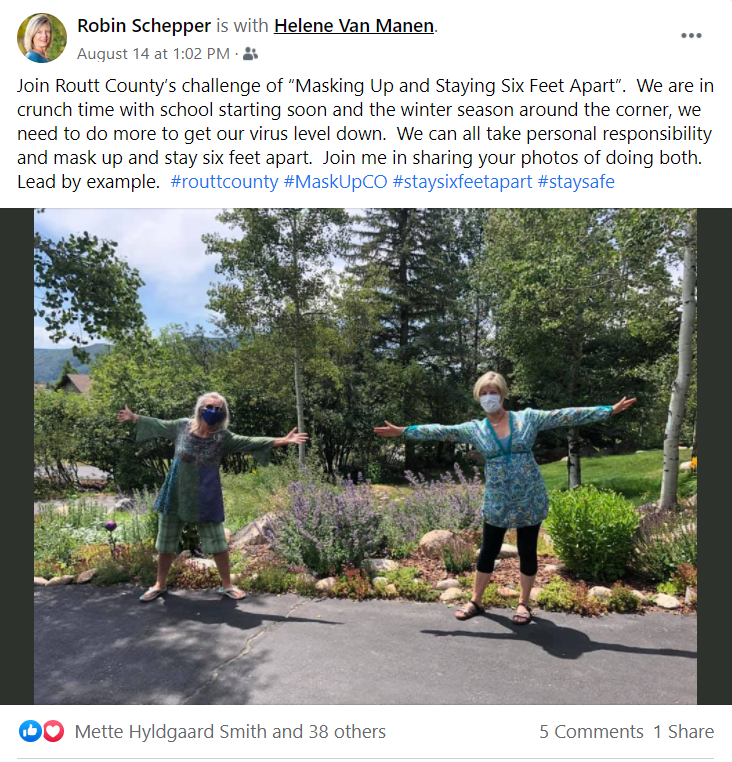 Routt_CountyCO's tweet image. Thank you Robin and Helene for doing your part! 
Routt County, we want to see how you are leading by example to prevent the spread of COVID-19! Share your photos below and hashtag them with #MaskUpCO and #staysixfeetapart
#routtcounty