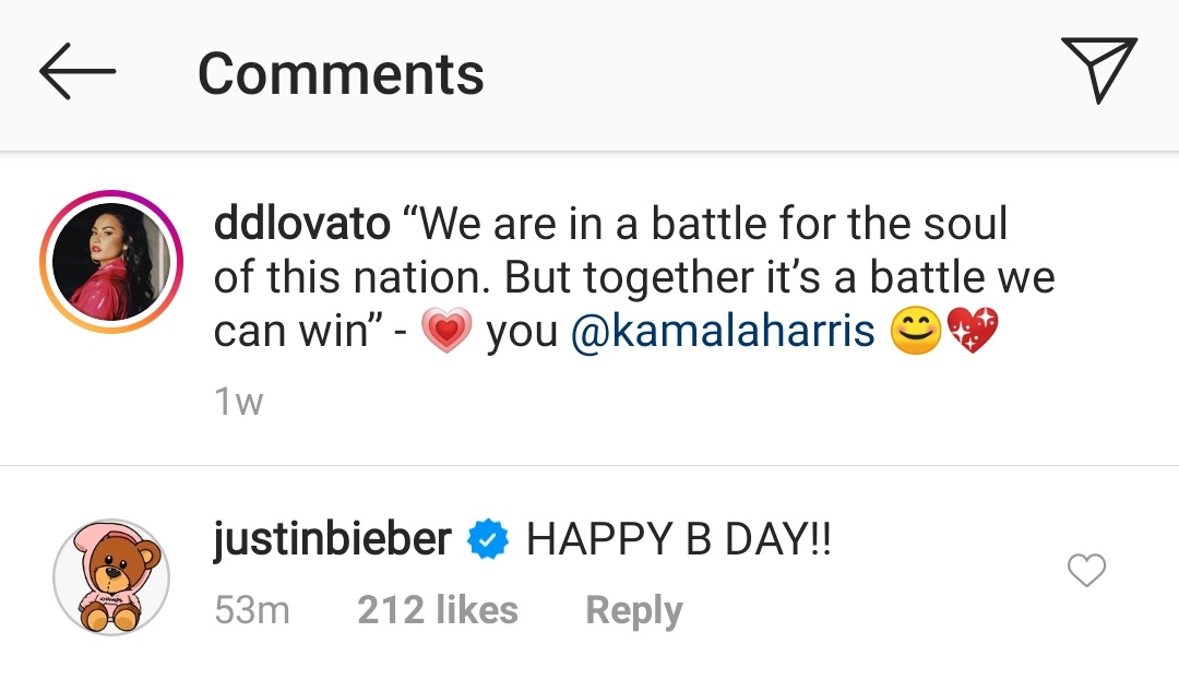 Justin wishes Demi Lovato a happy birthday under her Instagram post! 