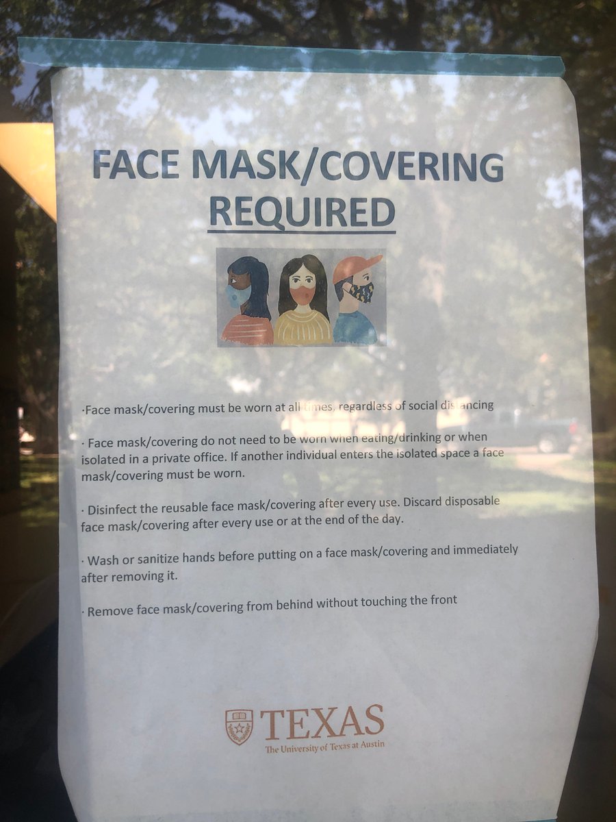 On the exterior of buildings,  @UTAustin has posted signs asking people to social distance, wear face masks, and stay home if they’re sick.
