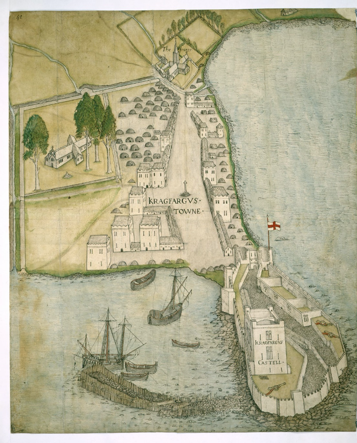 On an anonymous map, really a ‘bird’s eye’ perspective, of the castle and town of c.1560, the castle and harbour loom large, drawing attention perhaps to the need for funds to restore them. Intricate in its details, showing stone buildings, town defences and beehive huts...