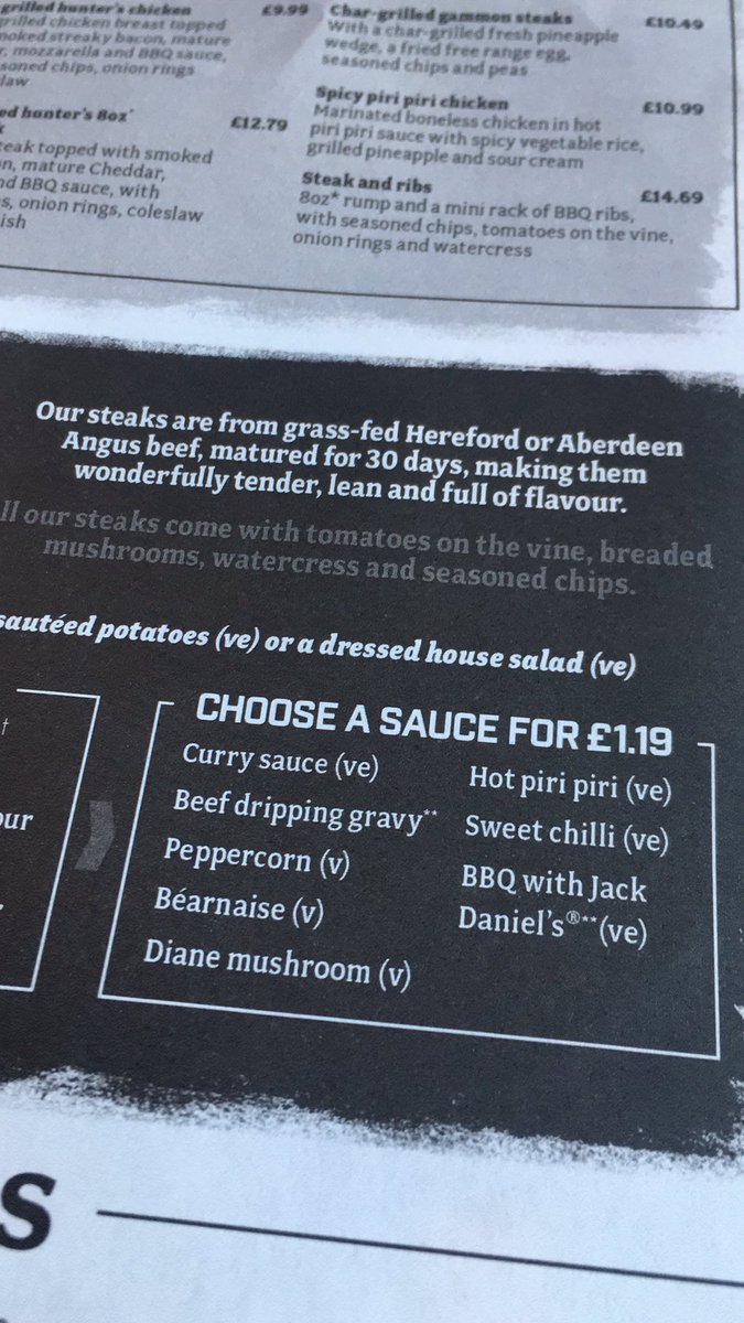 DanielWickham2's tweet photo. It’s great to see so many vegan sauces on offer to go with your steak. https://t.co/ubtNYWcGaw