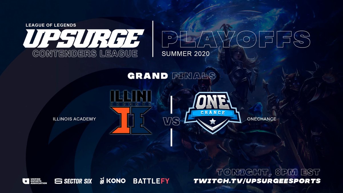 🤗With <a href="/Illini_esports/">Illini Esports</a> Academy being no stranger to Grand Finals and having a fierce <a href="/onechancegg/">ONECHANCE</a> looking for 🥇 our UCL Grand Final is going to be good 👏
  
⚔️ <a href="/Illini_esports/">Illini Esports</a> Academy vs. <a href="/onechancegg/">ONECHANCE</a> 
⏰ 8PM EST
🎙️ @GrabTheLantern &amp; @CasterMikey 
📽️ Twitch.tv/UpsurgeEsports