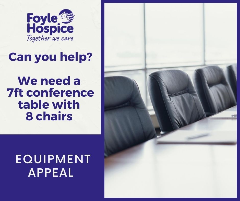 Can you help?

We need a 7ft conference table and 8 chairs for our office. 💼💻 

If you can help and donate equipment please email fundraising@foylehospice.com or call on (028) 71 359 888

Thank you ♥️

#equipmentappeal #officefurniture #canyouhelp #hospice