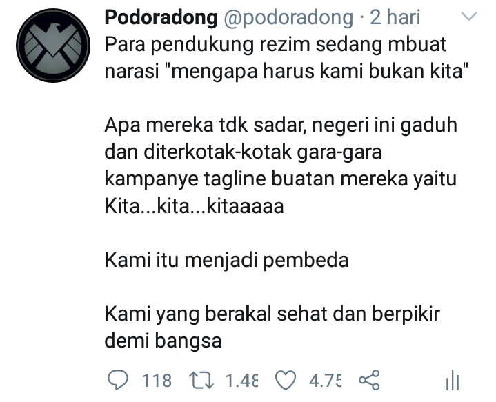podoradong's tweet photo. Keberadaan KAMI dijawab dengan kehadiran KITA

Luar binasa pola pecah belah yang dipilih oleh para pendukung rezim https://t.co/T1JWznRSlO