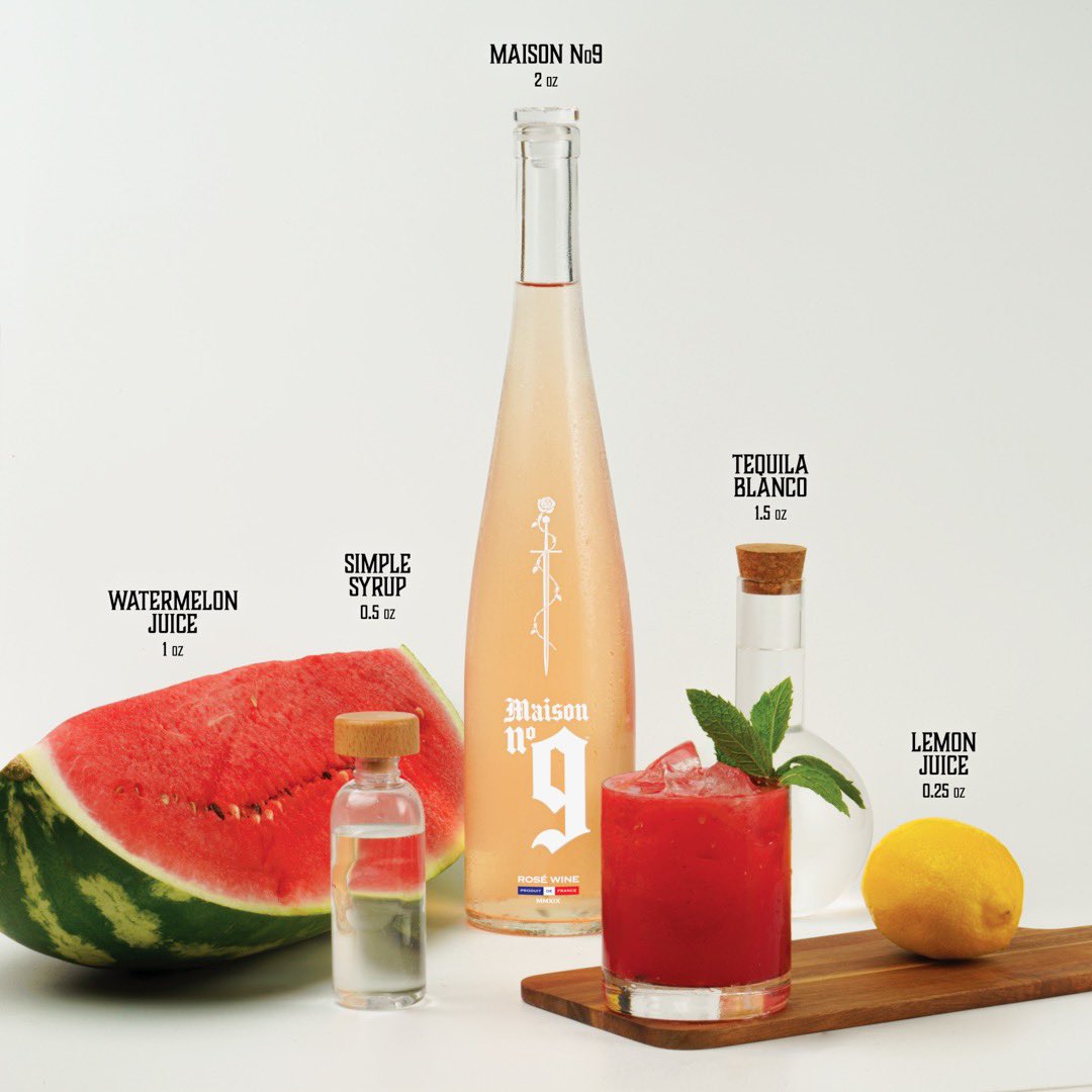maison9wine's tweet photo. The Watermelon Rosérita 🍉 
⚔️ 2 oz Maison No. 9
⚔️ 1.5 oz Blanco Tequila
⚔️ 1 oz Watermelon Juice
⚔️ .5 oz Simple Syrup
⚔️ .25 oz Lemon Juice
*Add all ingredients, shake well, strain*
@PostMalone https://t.co/BzhUmb0m0l