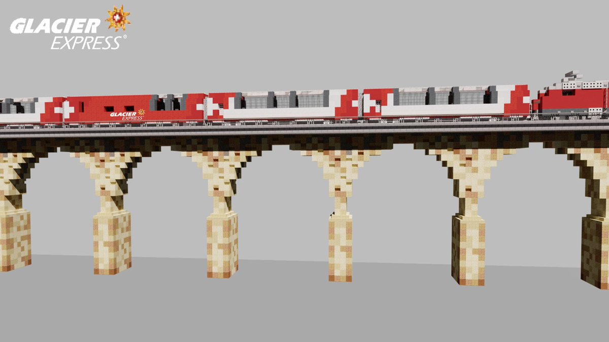 I tried to rebuild the Glacier Express in #Minecraft. 
It's a swiss train, which travels through the beautiful landscapes of the Alps

Built on <a href="/BuildersRefuge/">Builder's Refuge</a> 
Image editing done with #krita