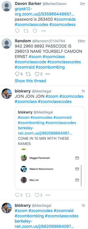 JenRoberts1's tweet photo. Heads up teachers, be sure your zoom classes are set to *require* users to join with their district account. Kids are sharing zoom links with the hashtag zoomclasscodes and even telling trolls which name to login as. https://t.co/4M2l4FC8Kc