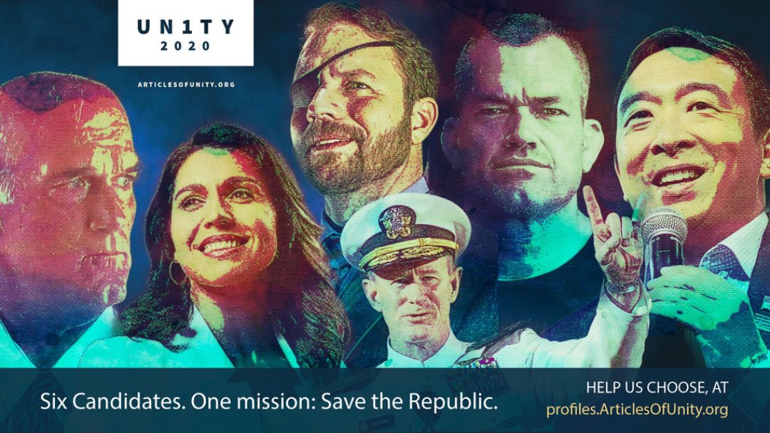 Six potential candidates. 
One mission: Save the Republic.
Come help us choose.
profiles.ArticlesOfUnity.org
#Unity2020 #ArticlesOfUnity