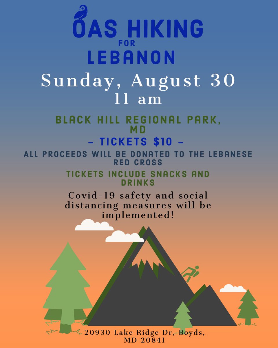 OASUMD's tweet photo. Come hiking with us at Black Hill Regional Park on Sunday, August 30th at 11 am. Tickets to attend are $10 and all proceeds will be donated to the Lebanese Red Cross. Snacks and drinks provided. CDC social distancing guidelines will be followed to ensure safety. Bring your masks! https://t.co/6Z3cKp7V6m