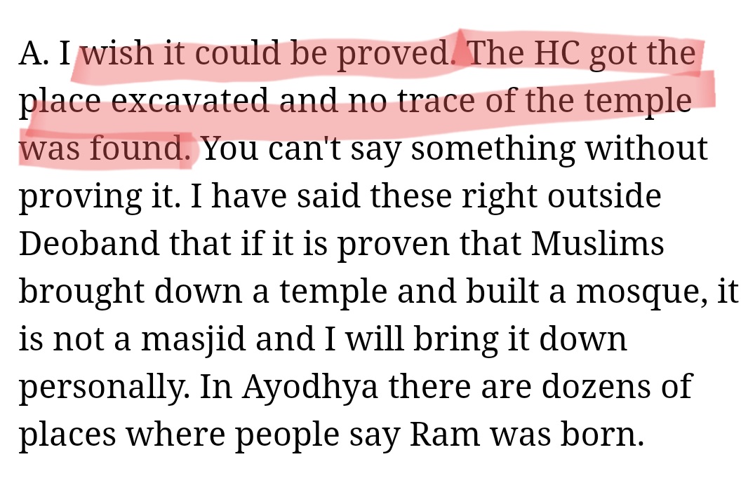 Pic 1: Swamy's article in The Hindu in 2019. Mentions archaeological evidence of temple & HC accepting the same in 𝟮𝟬𝟭𝟬.Pic 2: In an intw in 𝟮𝟬𝟭𝟮 (2 years after HC judgment), Shahbuddin says, "HC got the place excavated & no trace of the temple was found".