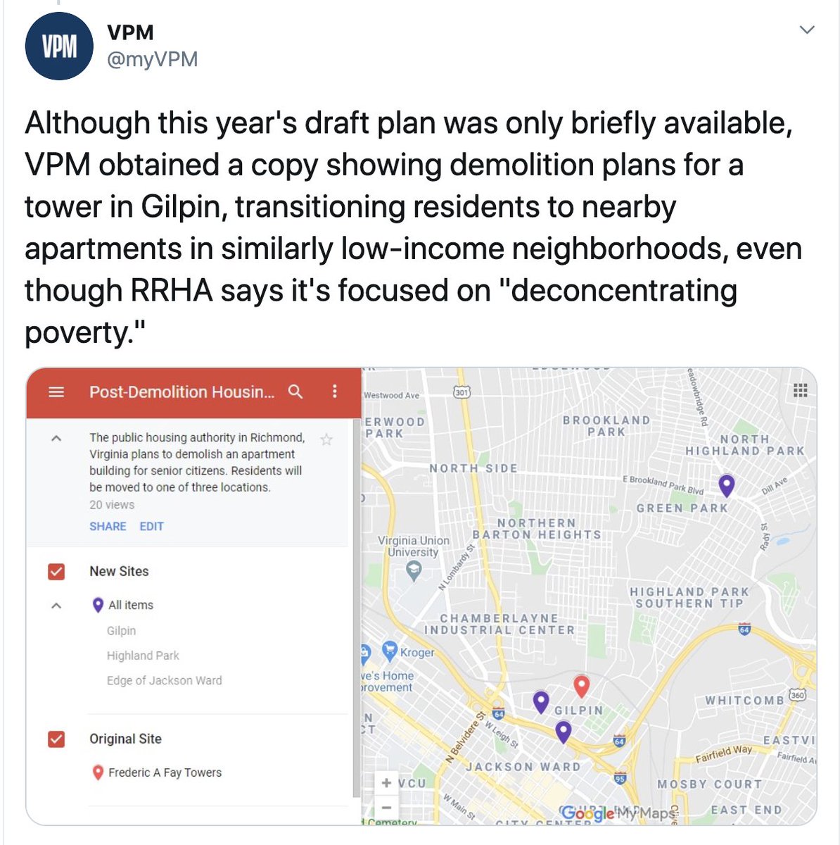It also plans to move residents from Fay Towers to 3 other spots which they say are in accordance w/ efforts to “deconcentrate poverty.” But  @NicheSocial shows only 2 spots have higher income levels. And even then, they’re only slightly above poverty level ($25K in RVA)