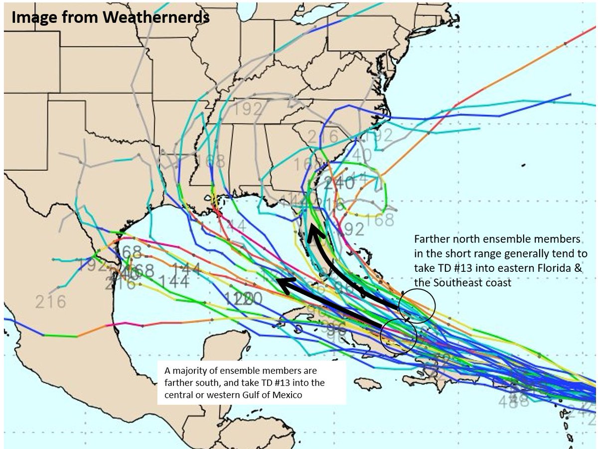 6/ Back to GEFSv11 vs. GEFSv12, v11 shows a clustered spread between S Florida & LA while v12 has a much larger spread from Mexico to off the NC coast.But its tracks are still clustered in the Gulf of Mexico, meaning while the other solutions are less likely, they're possible.